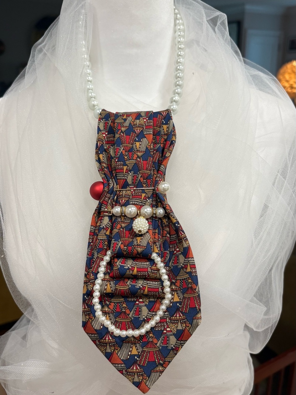 Pearl-Embellished Multicolor Patterned Necktie